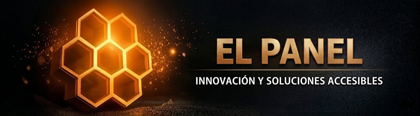 El Panel – Innovación y Soluciones Accesibles. Panal dorado iluminado sobre fondo negro